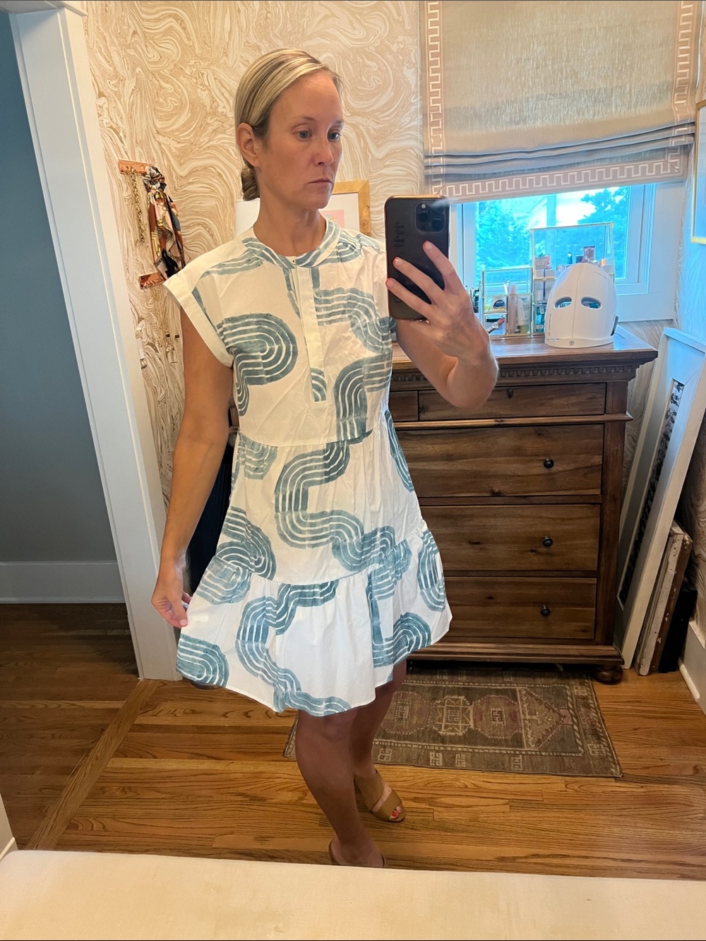 Marie Oliver White Mini Dress with Teal Wave Print